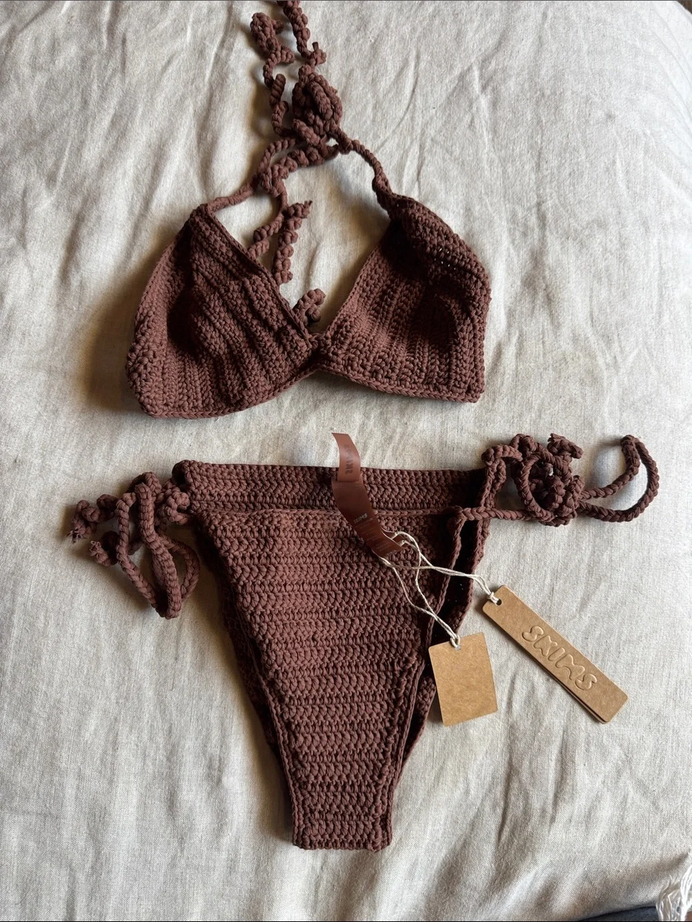 SKIMS Brown Crochet Bikini set. Crochet stretch fabric.